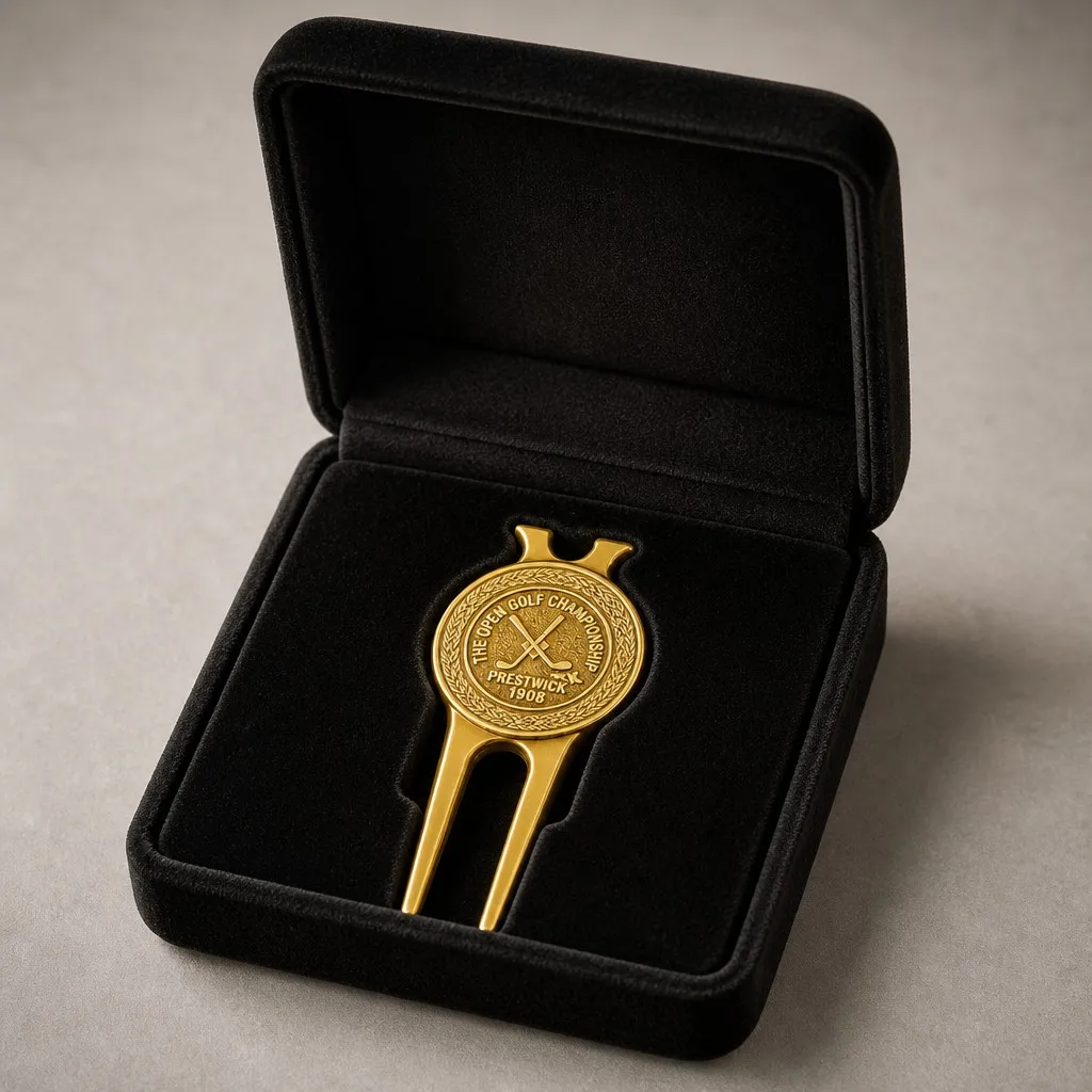 Gold divot tool in black velvet gift box