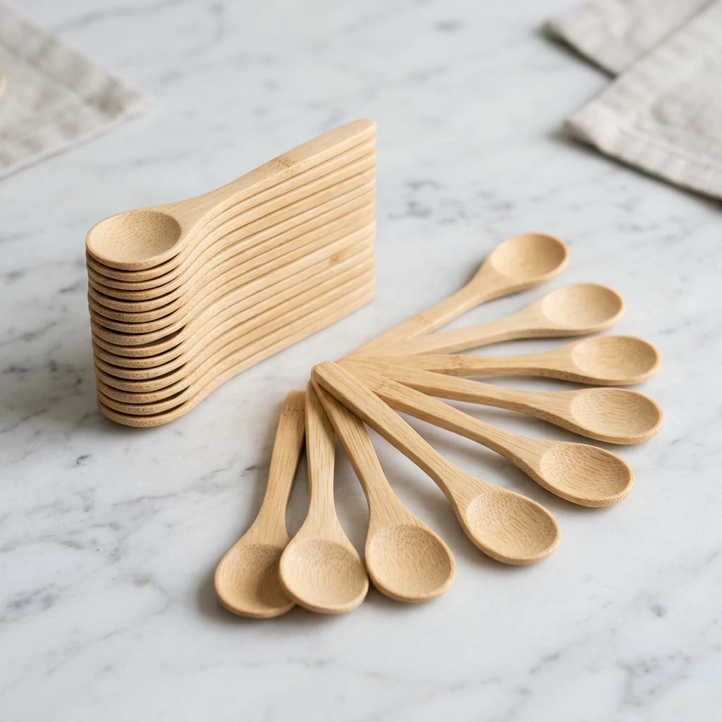 Mini bamboo tasting spoons stacked and fanned out on marble surface showing petite size and smooth bamboo finish