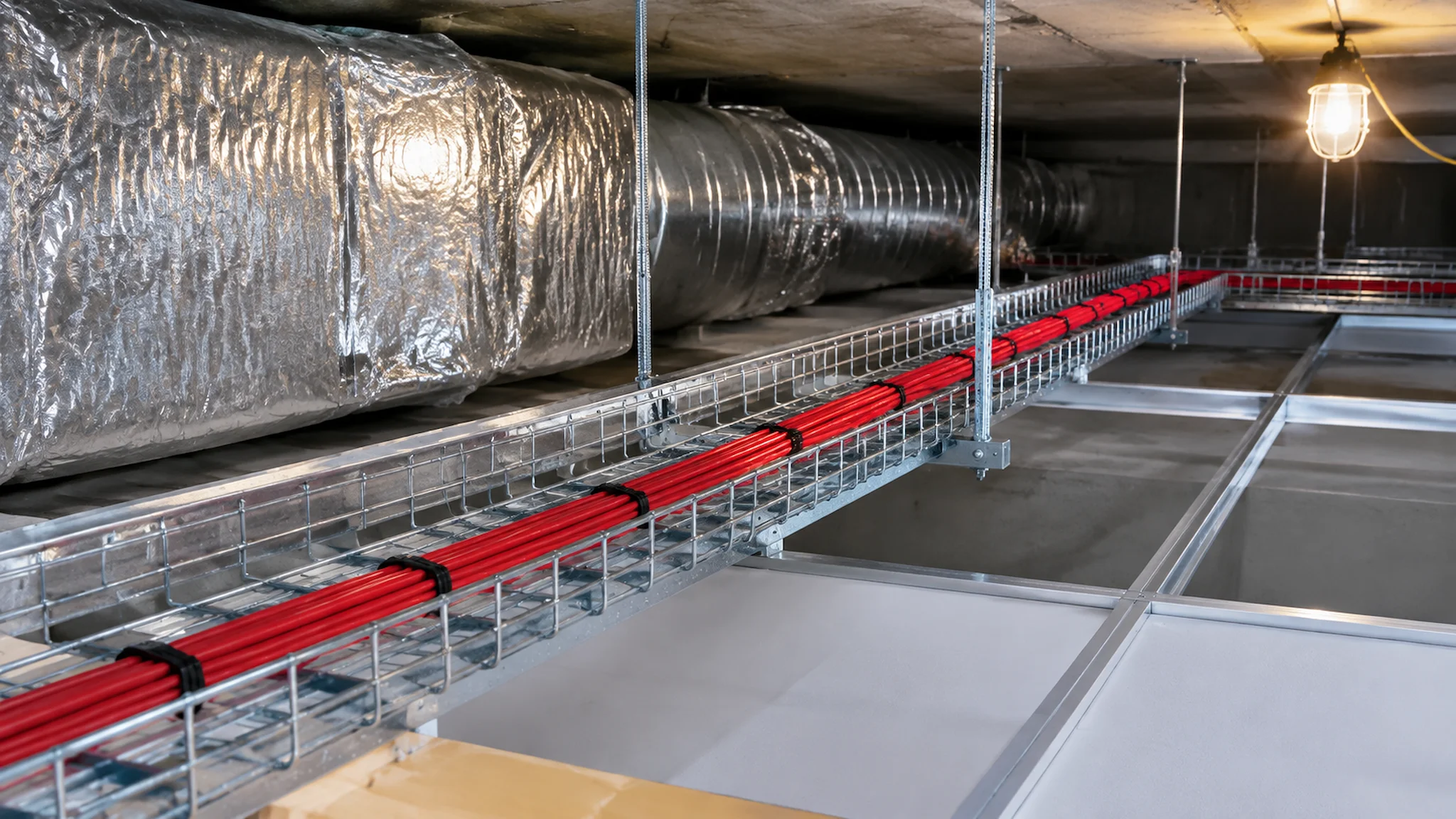 Shielded ethernet cable installed along a tray in a ceiling plenum