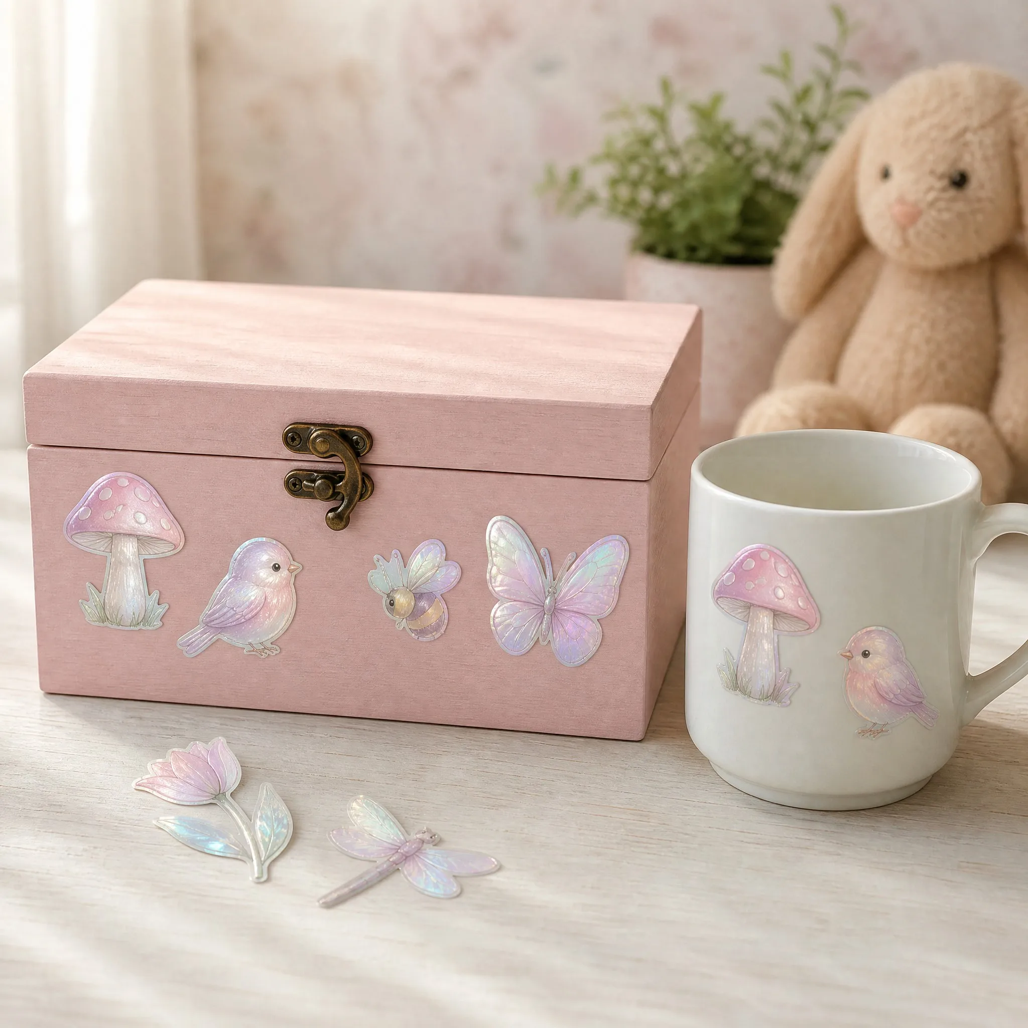 Pearlescent stickers on a pastel pink keepsake box and white mug in a dreamy room