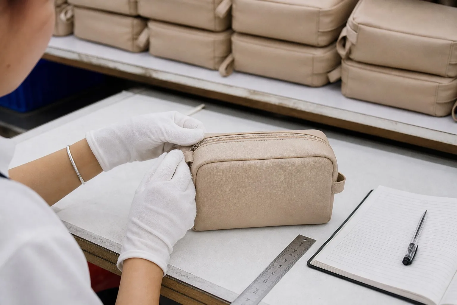 Quality inspector checking zipper stitching on an unbranded cosmetic bag with a ruler at a factory inspection table