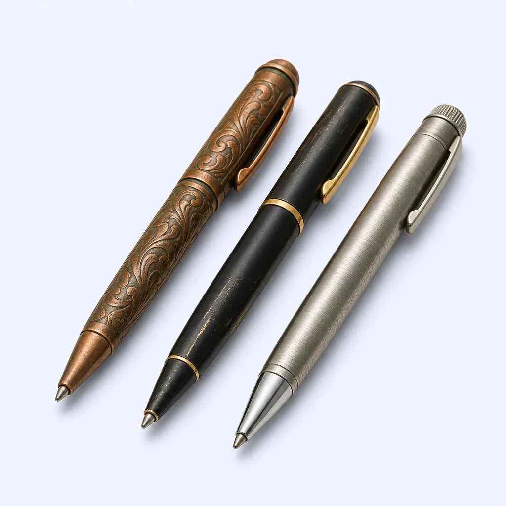 Three retro vintage ballpoint pens product hero shot