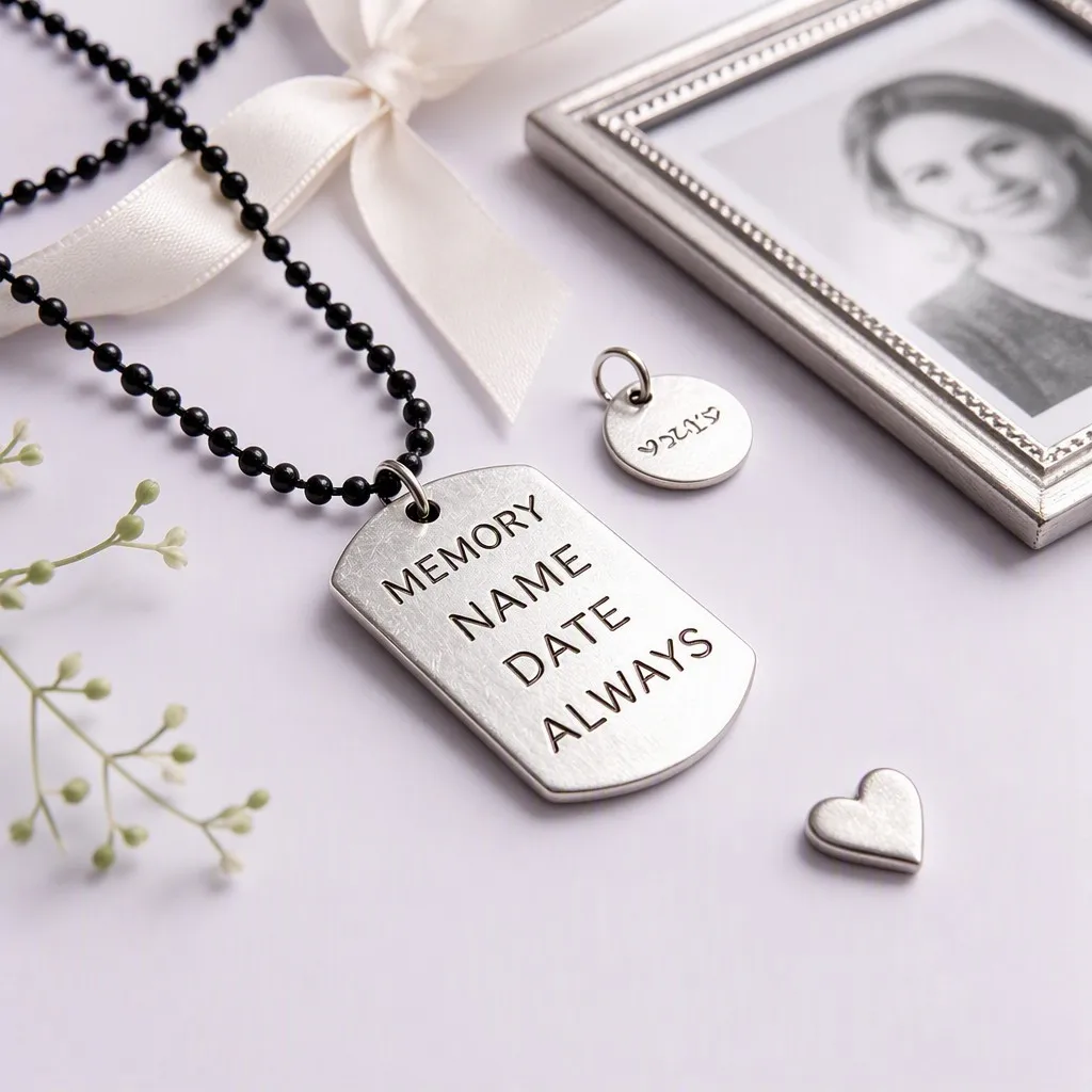 Silver memorial dog tag with heart charm on lavender backdrop