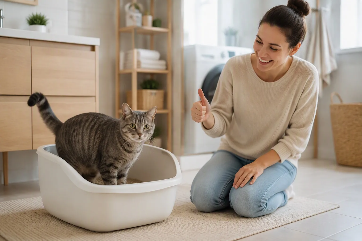 A gray tabby cat confidently using a clean modern litter box while its owner celebrates the training success
