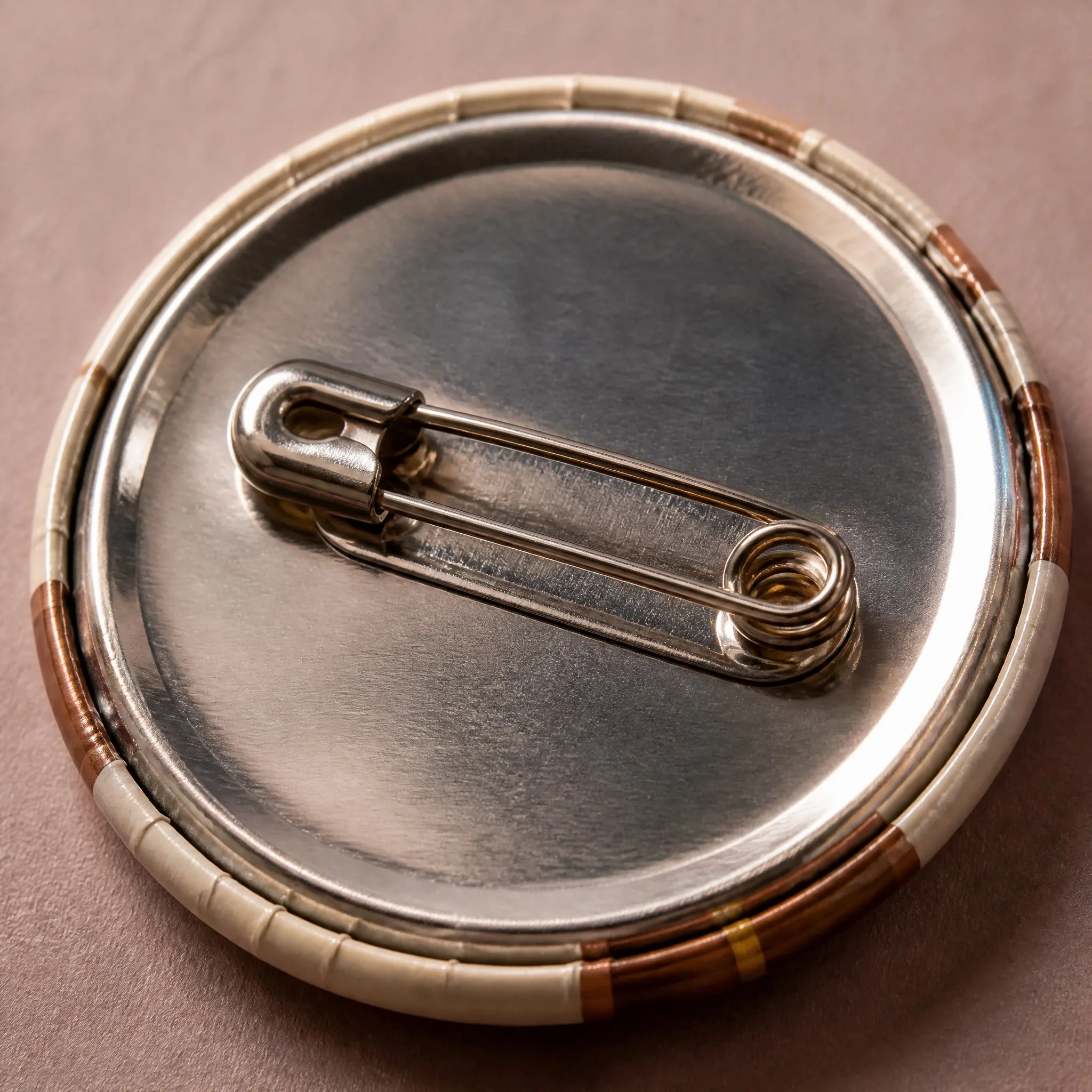 Gold foil stamping and safety pin back detail of button badge