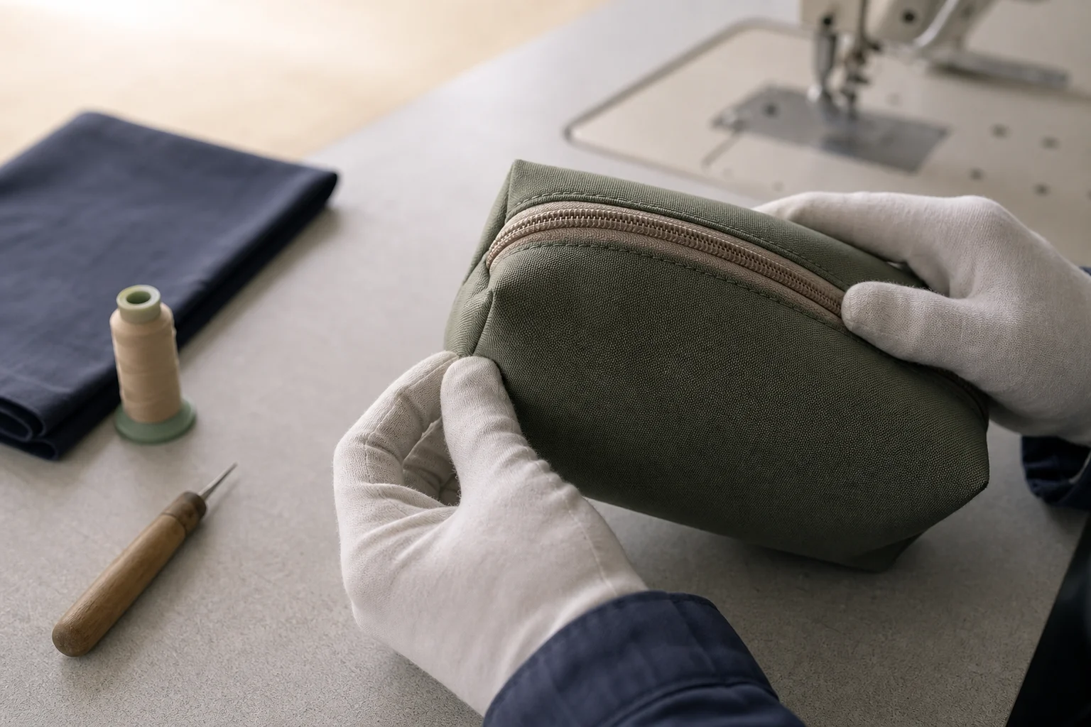 Gloved hands inspecting the zipper and seam of an unbranded cosmetic pouch in a workshop