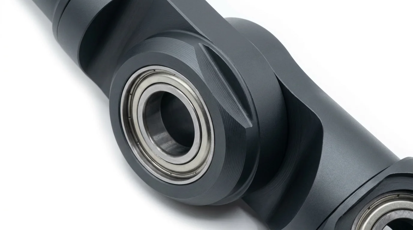 Alloyer CNC machined aluminum 7075 robotic arm joint housing with precision bearing bores and hardcoat anodized finish
