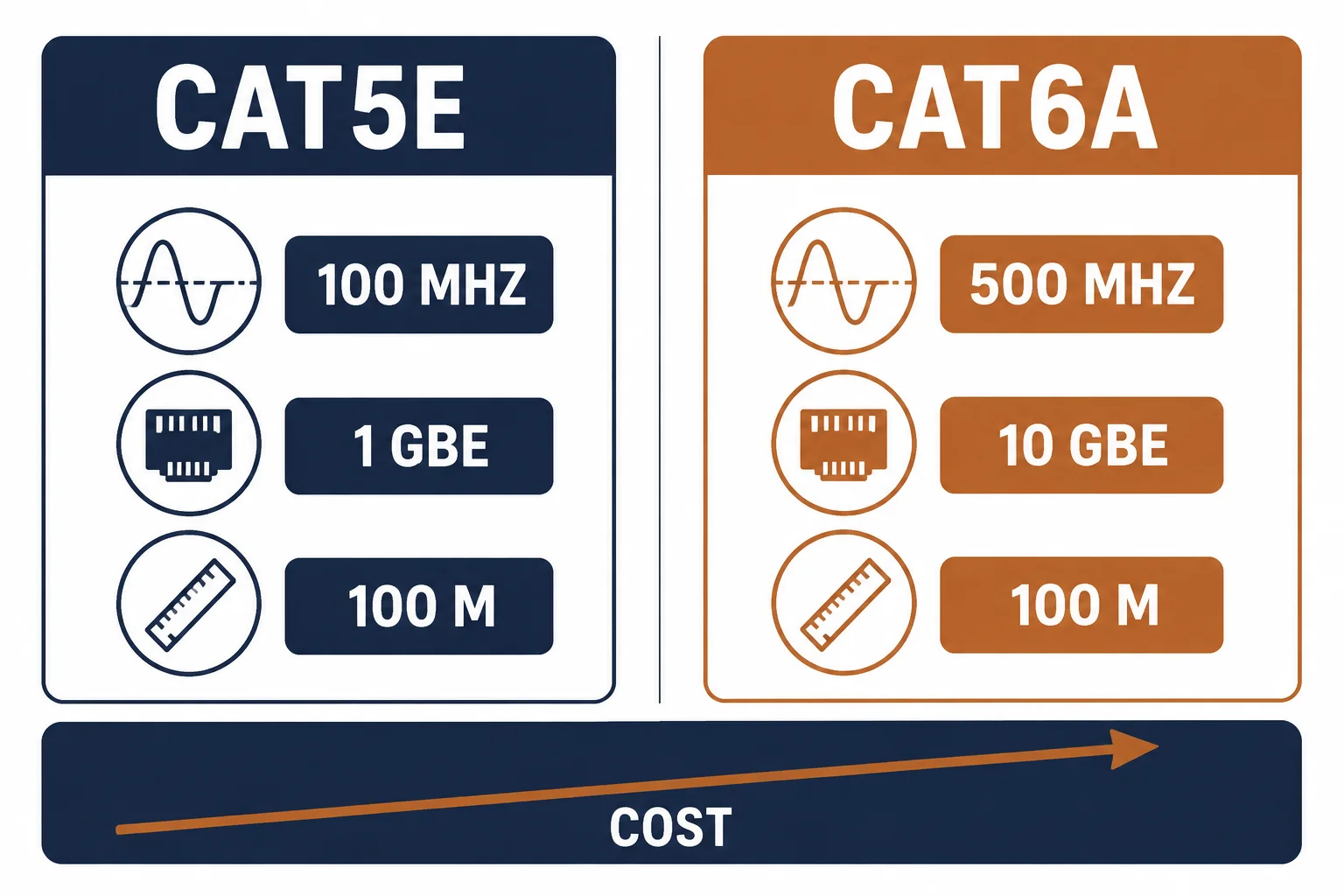 Comparison cards for Cat5e and Cat6a showing band, speed and distance