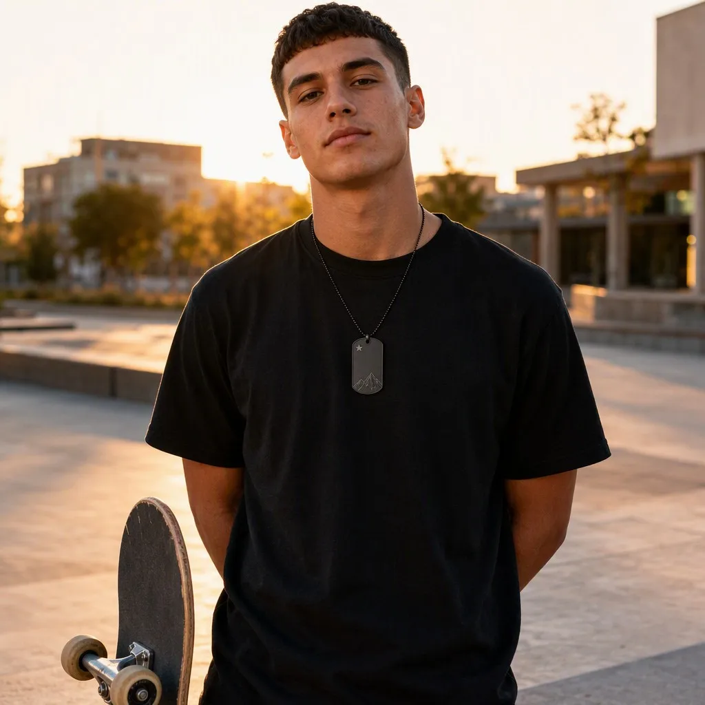 Dog tag necklace worn skateboarding