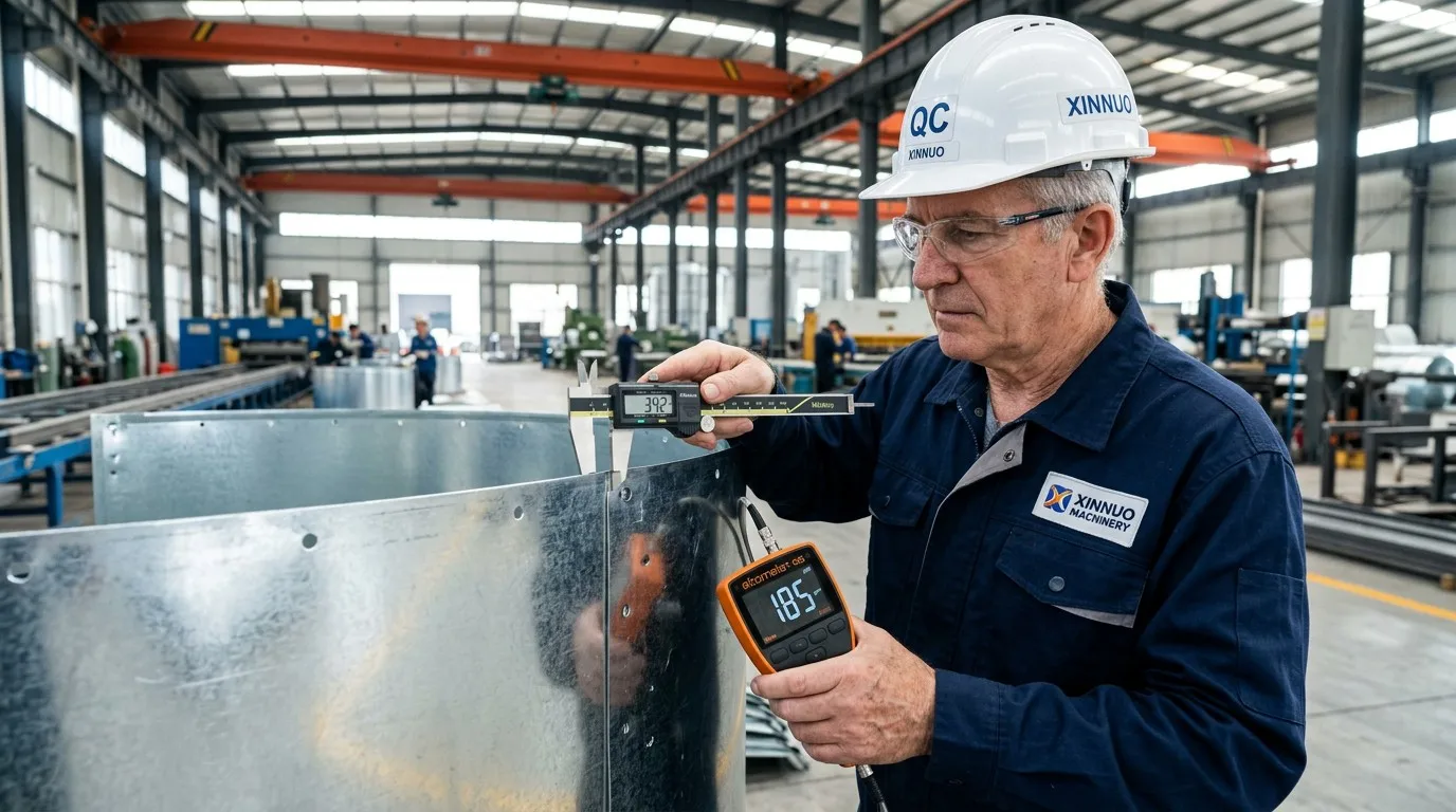 Xinnuo Machinery Quality Engineer Inspecting Grain Silo Panel with Digital Instruments