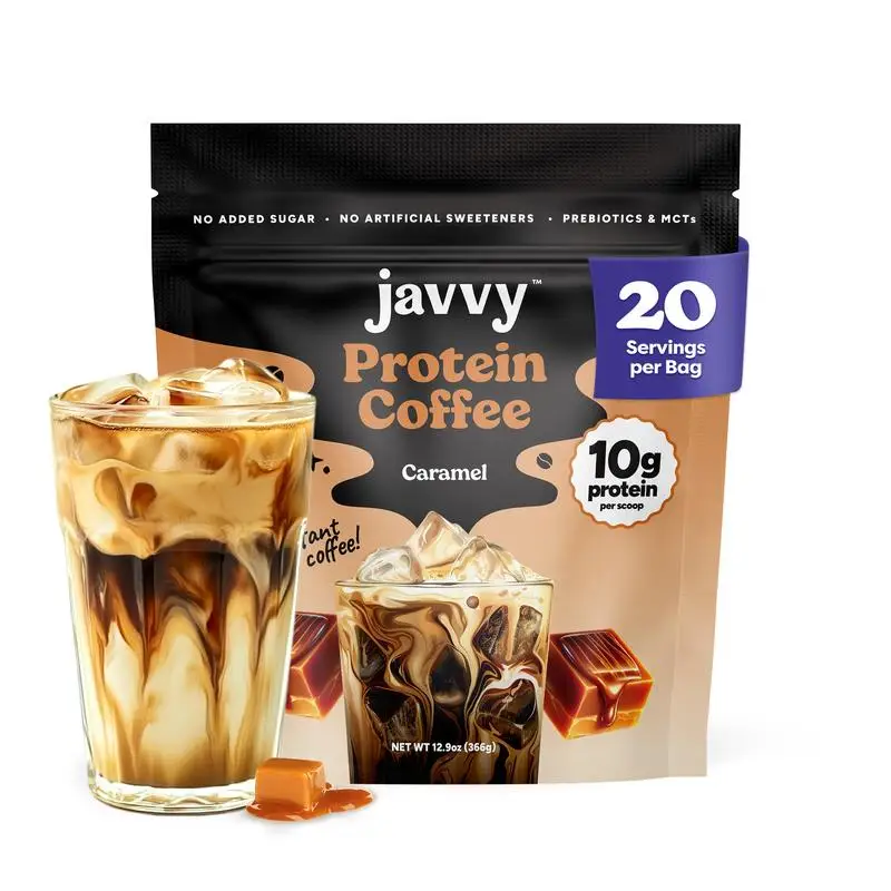 Javvy Protein Coffee Caramel Bag and Iced Glass