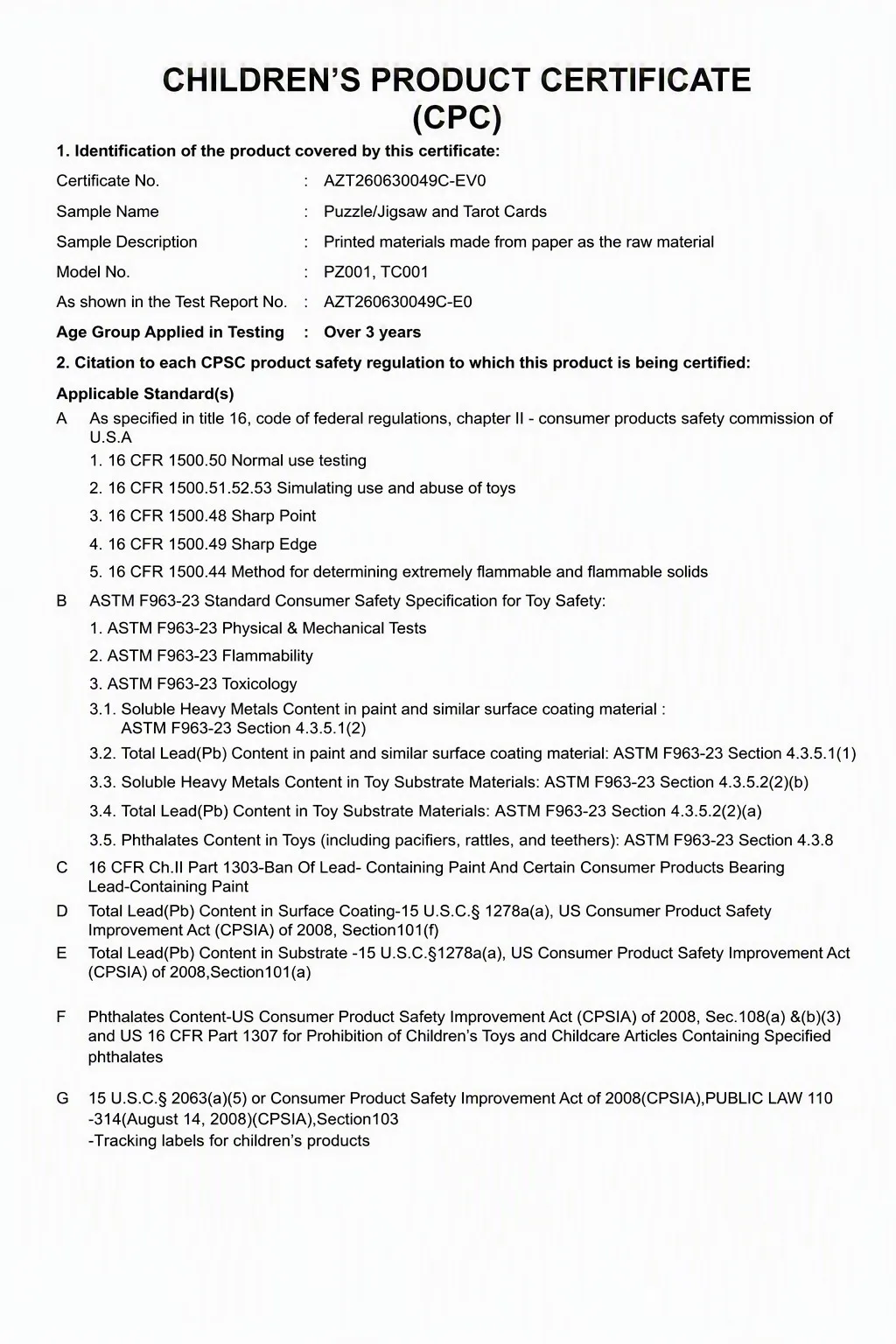 CPC Certificate - US children's product certification for Longyin Printing