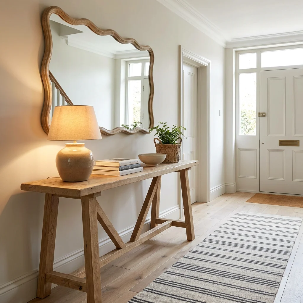 Entrée chic avec un miroir ondulé et une console en bois naturel