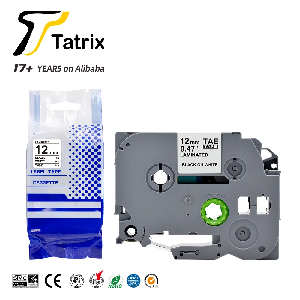 

Tatrix RTS Tze-231 Tze231 TZ Tze 231 Tz-231 Tz231 12mm Black on White Laminated P-touch Label Tape for Brother PT-E100 P-touch