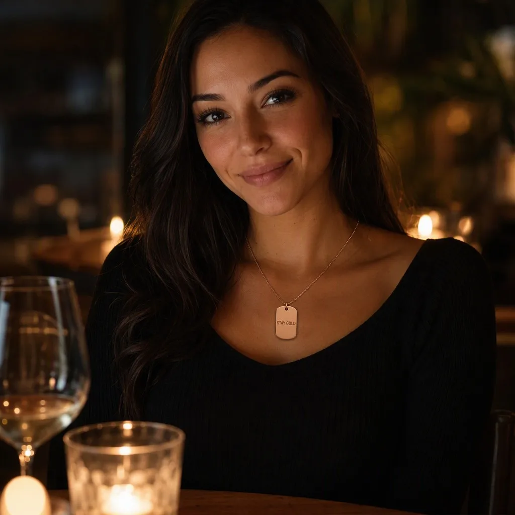 Rose gold dog tag necklace worn on a dinner date