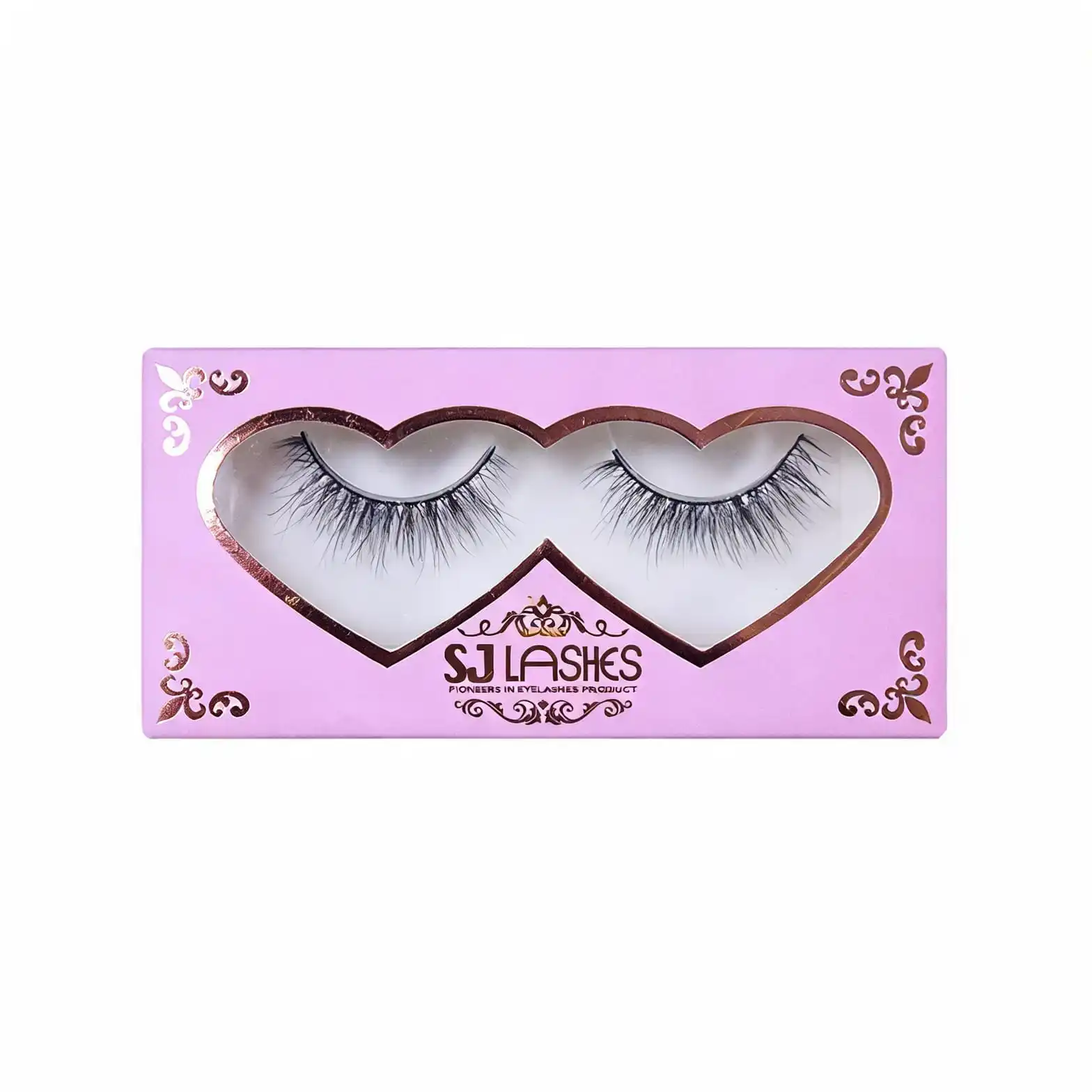 Pink single pair lash box with a double heart window outlined in rose gold foil, foil filigree in the corners and a foil logo beneath the window - rose gold foil stamping