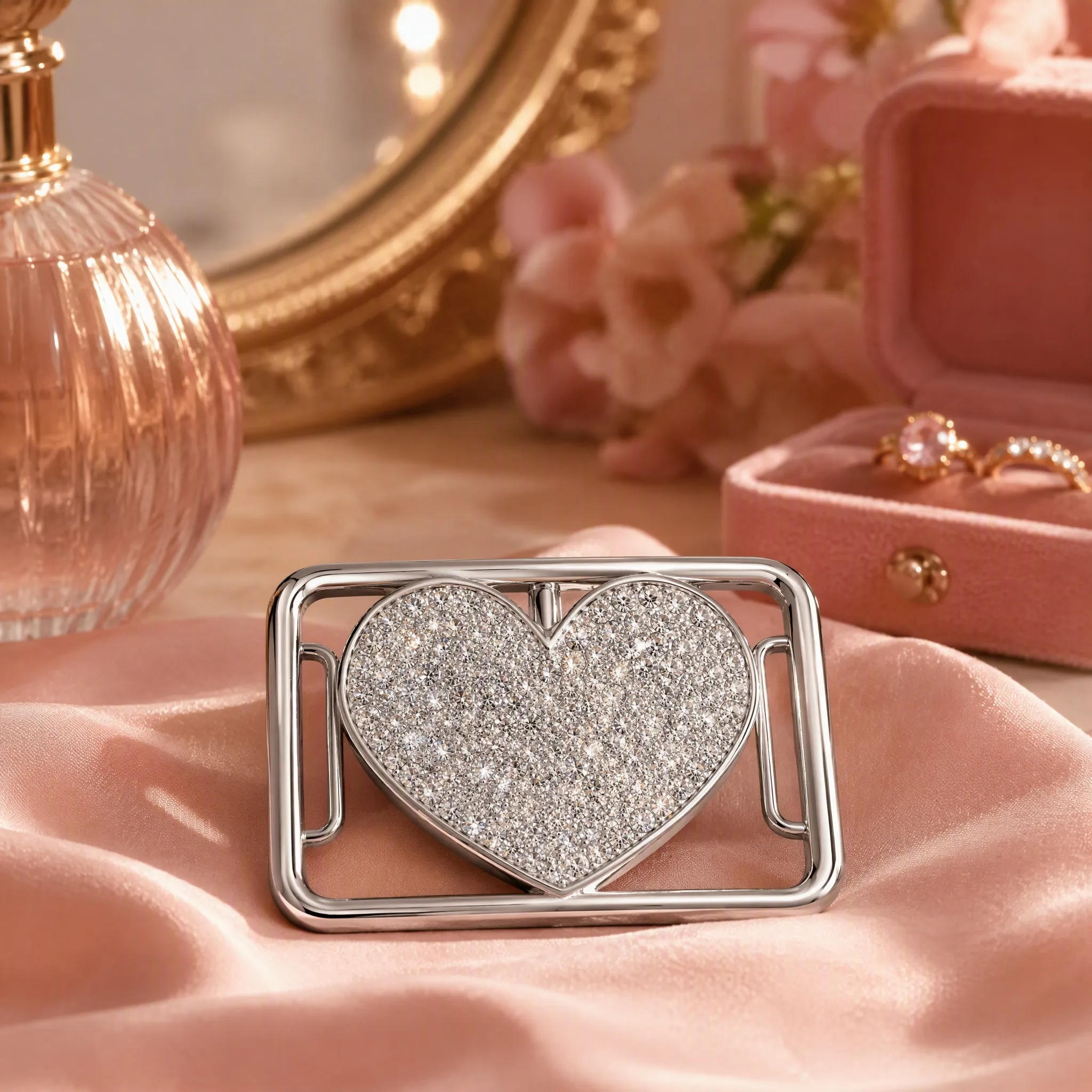 Feminine vanity scene with crystal buckle