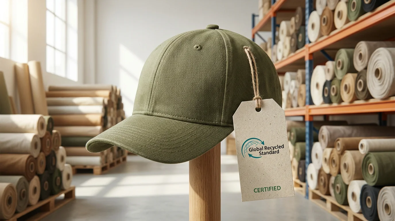 GRS certified recycled cotton baseball cap with authentic certification hangtag