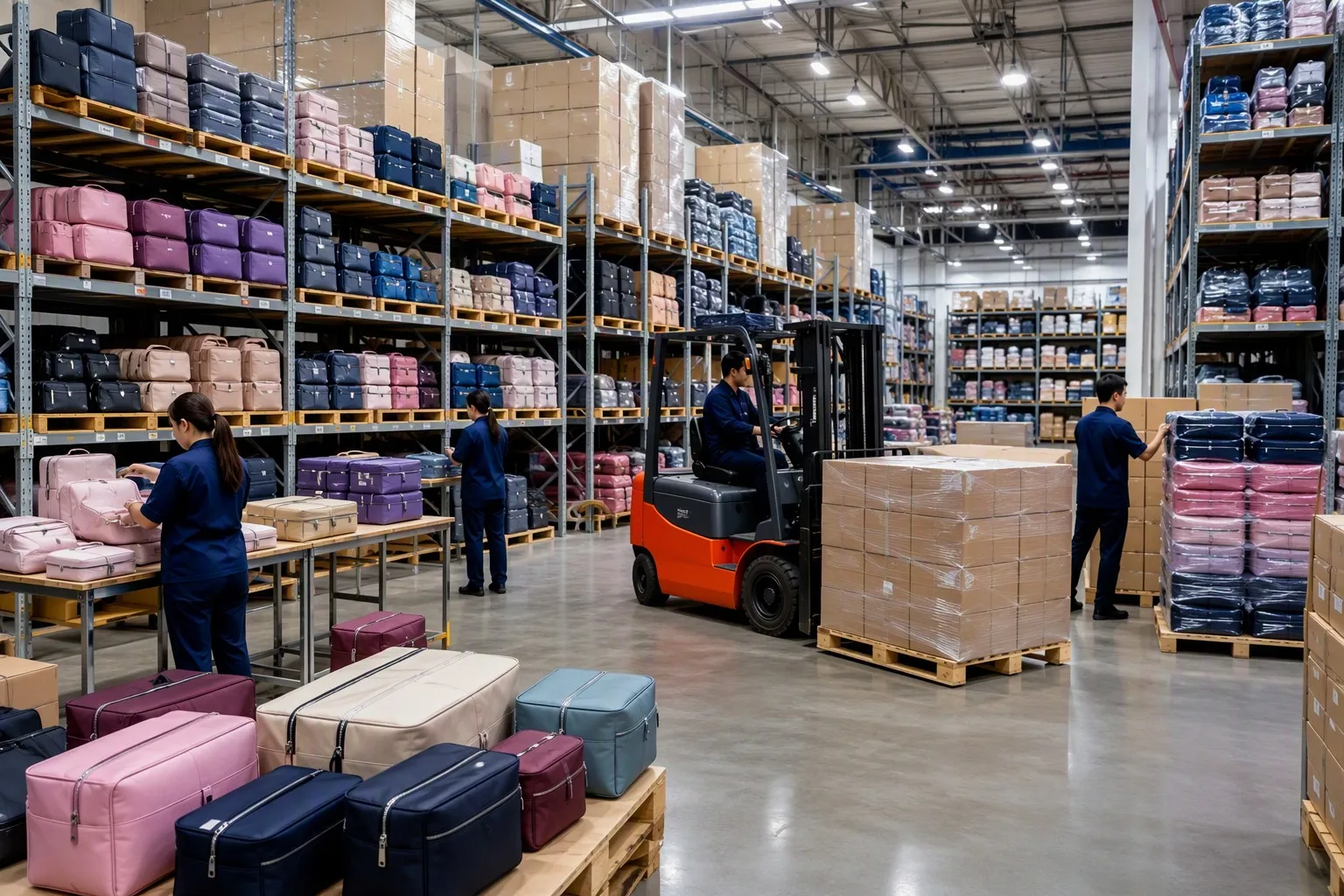 Organized cosmetic bag factory warehouse with workers and forklift preparing pallets for shipment