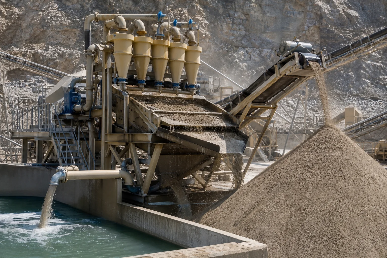 High-frequency dewatering screen with polyurethane mesh and hydrocyclone cluster recovering fine sand