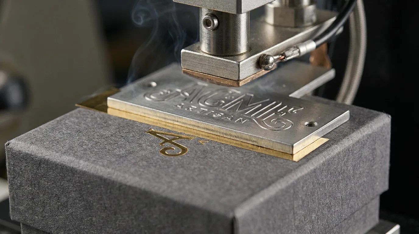 Macro view of custom logo plate stamping onto a stock jewelry box for low MOQ branding.