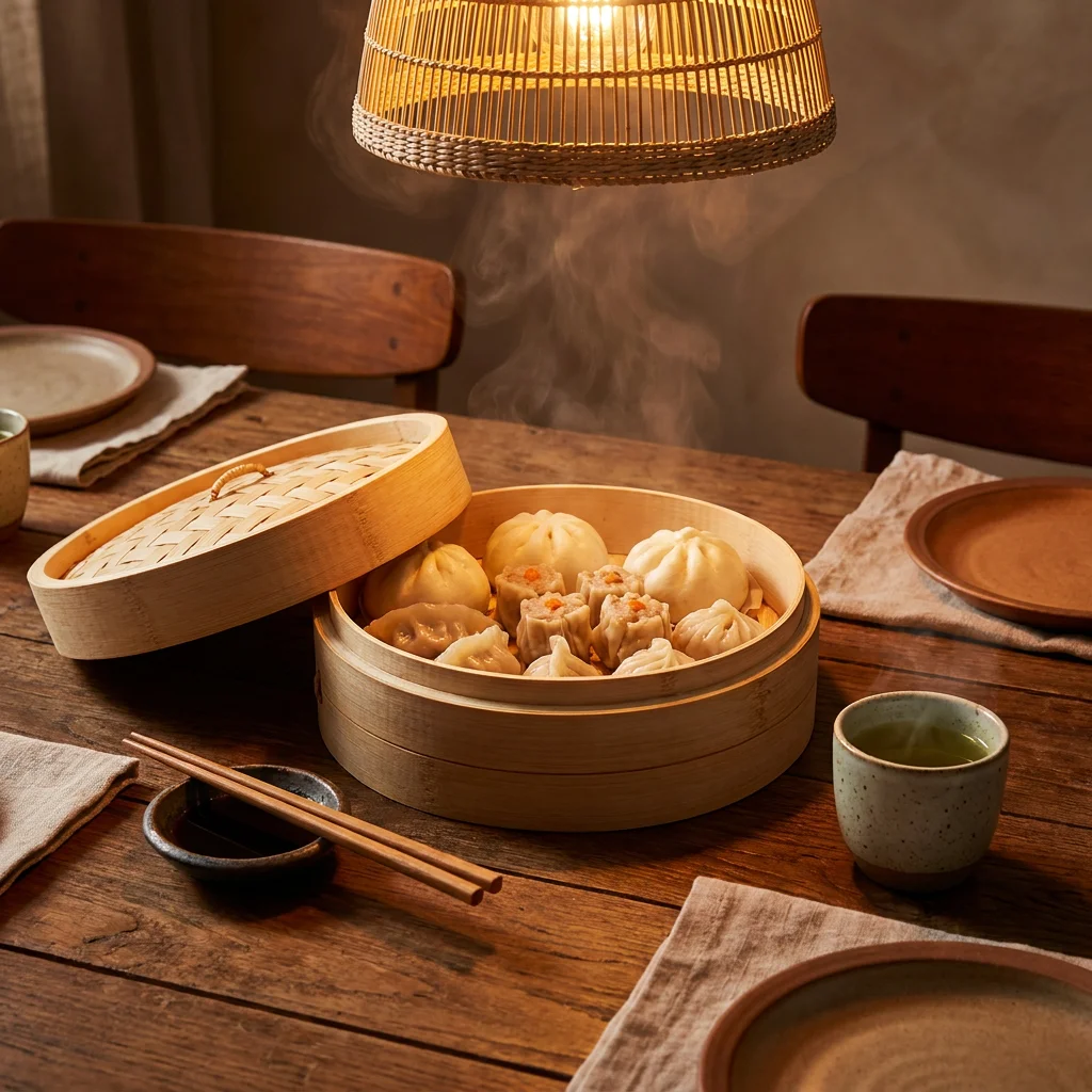 Artisanal bamboo steamer basket served at table — traditional dim sum with dipping sauce