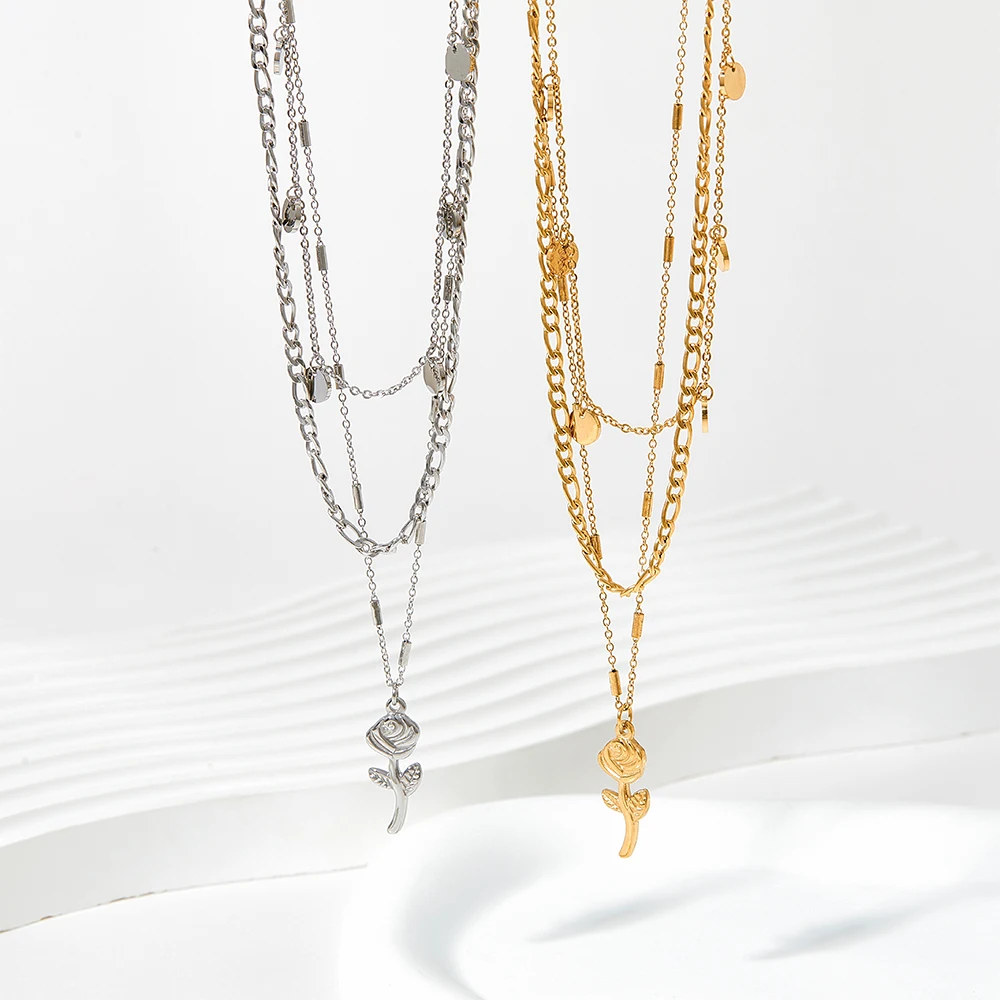 

Fashion Ladies Gold Thin Chain Multilayer Rose Pendant Necklace For Women