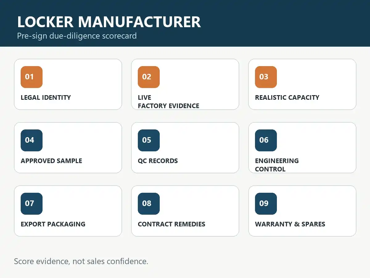 locker manufacturer due diligence scorecard covering factory sample quality contract and warranty checks