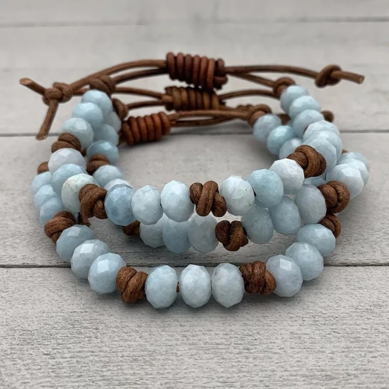 Aquamarine and Rustic Brown Leather Stone Bead Bracelet Natural Faceted Blue Aquamarine Gemstones Bracelet