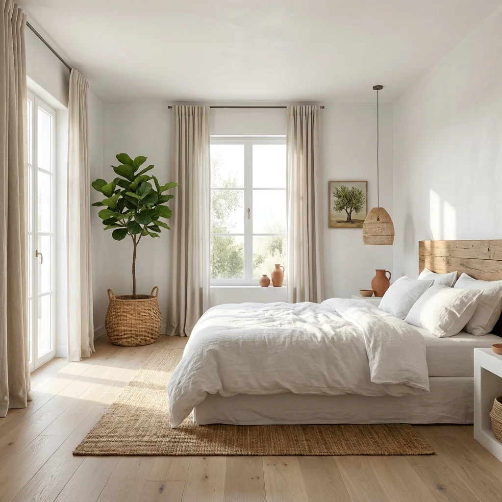 faux fiddle leaf fig tree in bright Scandinavian bedroom corner decor
