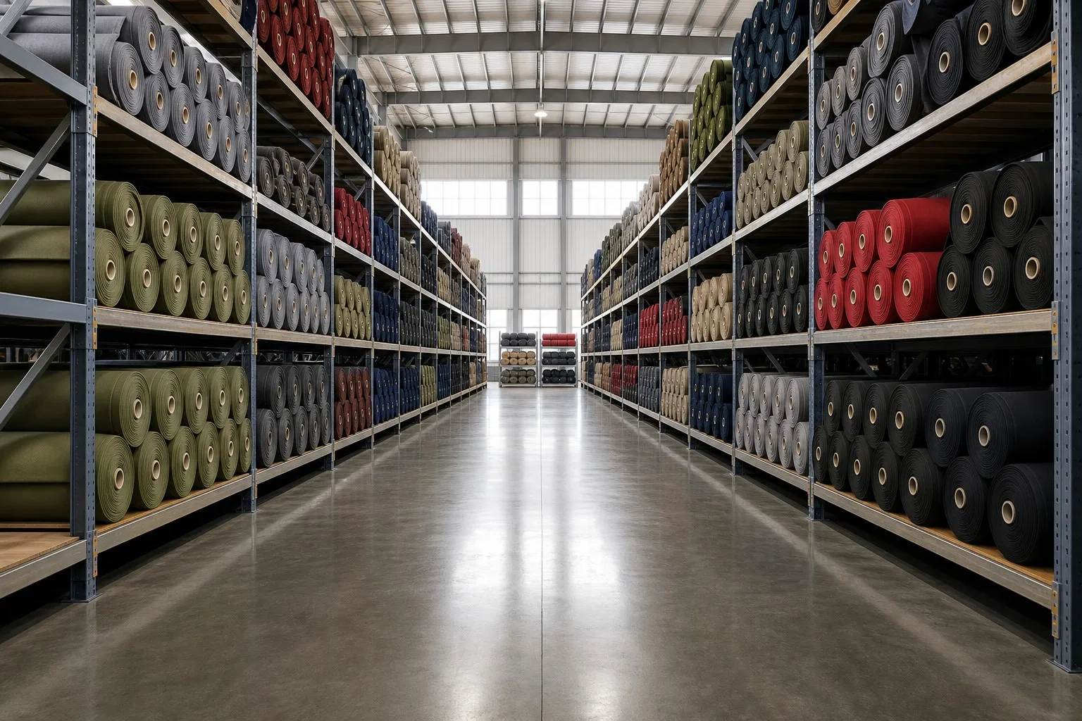 Clean central aisle of a textile warehouse with colour-sorted oxford fabric rolls