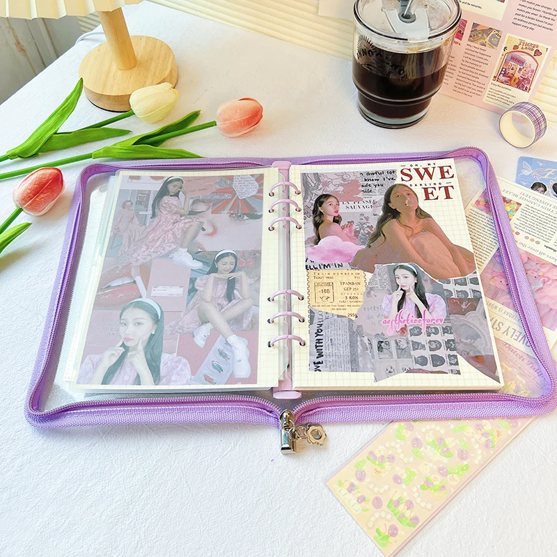 

A5 A6 Size 6 Hole planner Binder photo album card book transparent glitter PVC Wholesale Ring Binder With Multicolor zipper