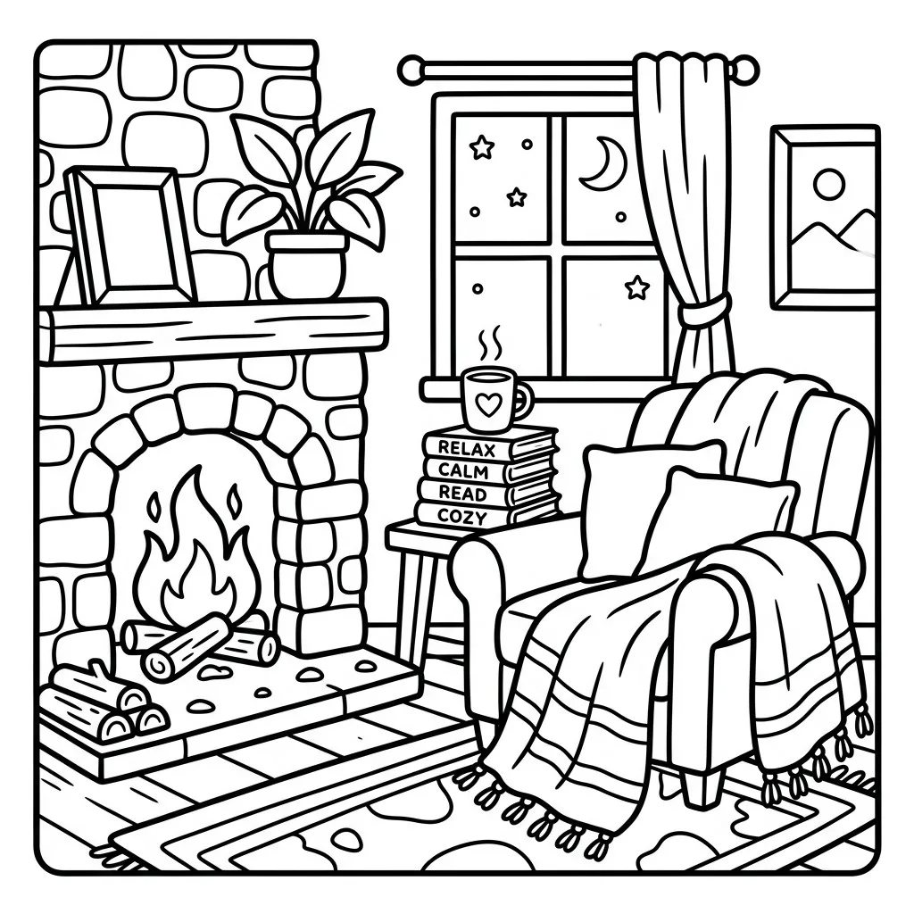 Cozy Fireplace Coloring Page Illustration