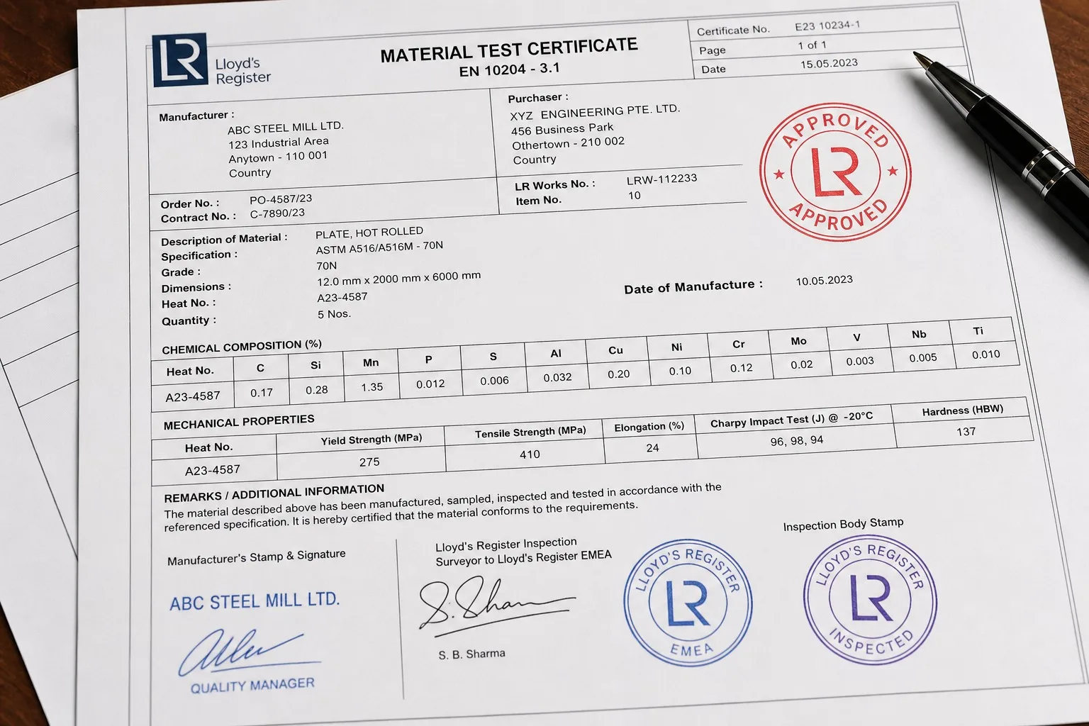 Material certificate documents with stamps and signatures on desk