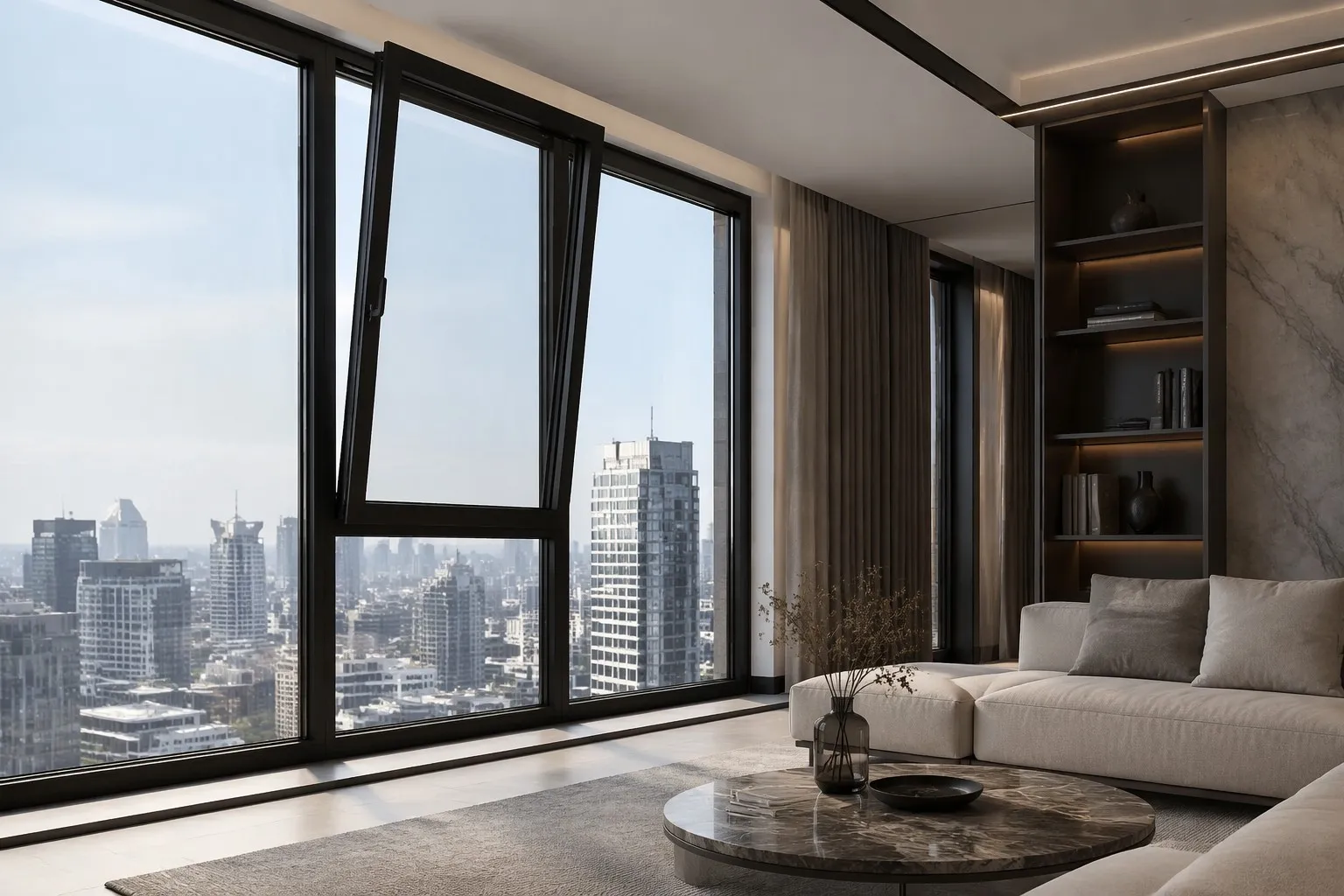 Luxury modern apartment with black aluminum tilt and turn window in tilt position city skyline view