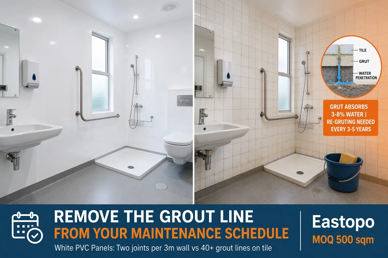 product-1-1 White PVC bathroom wall panels vs white ceramic tile with grout - split screen comparison showing seamless white surface vs stained grout lines in healthcare washroom