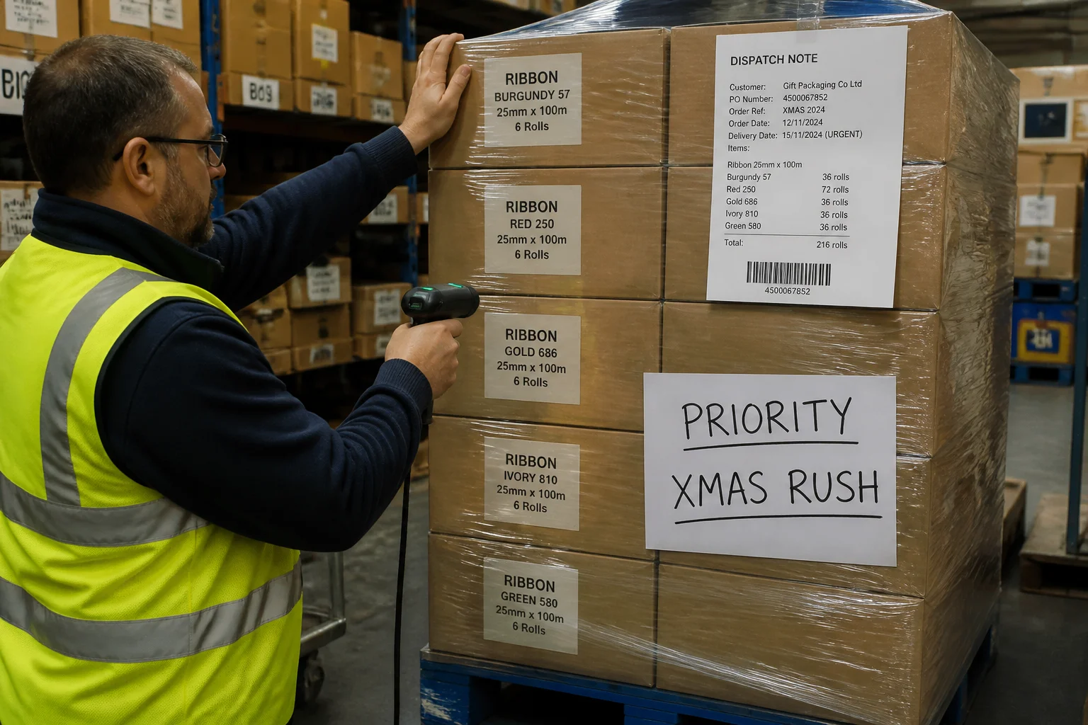 Documentary B2B logistics photo wholesale ribbon order prepared urgent seasonal dispatch worker warehouse scanning cartons ribbon onto pallet large handwritten PRIORITY XMAS RUSH label pallet wrap multiple carton boxes labelled ribbon colour codes widths stacked neatly printed dispatch note visible top carton factory warehouse environment overhead fluorescent lighting realistic B2B supply chain urgency scene