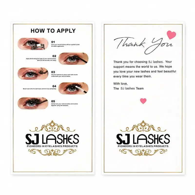How to apply instruction card with five numbered steps showing curling natural lashes, applying bond, placing clusters underneath with tweezers, brushing seal and pressing to fuse, paired with a thank you card - lash application instruction card