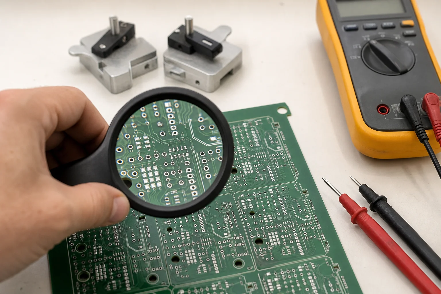 Inspecting an assembled PCB with a magnifying loupe