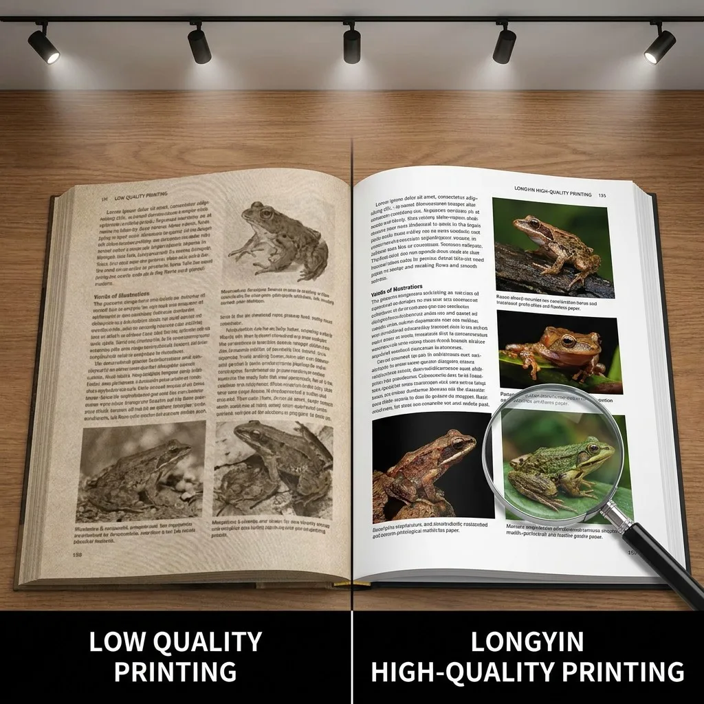 Comparative visual showing low-quality vs high-quality 300 LPI custom book printing results