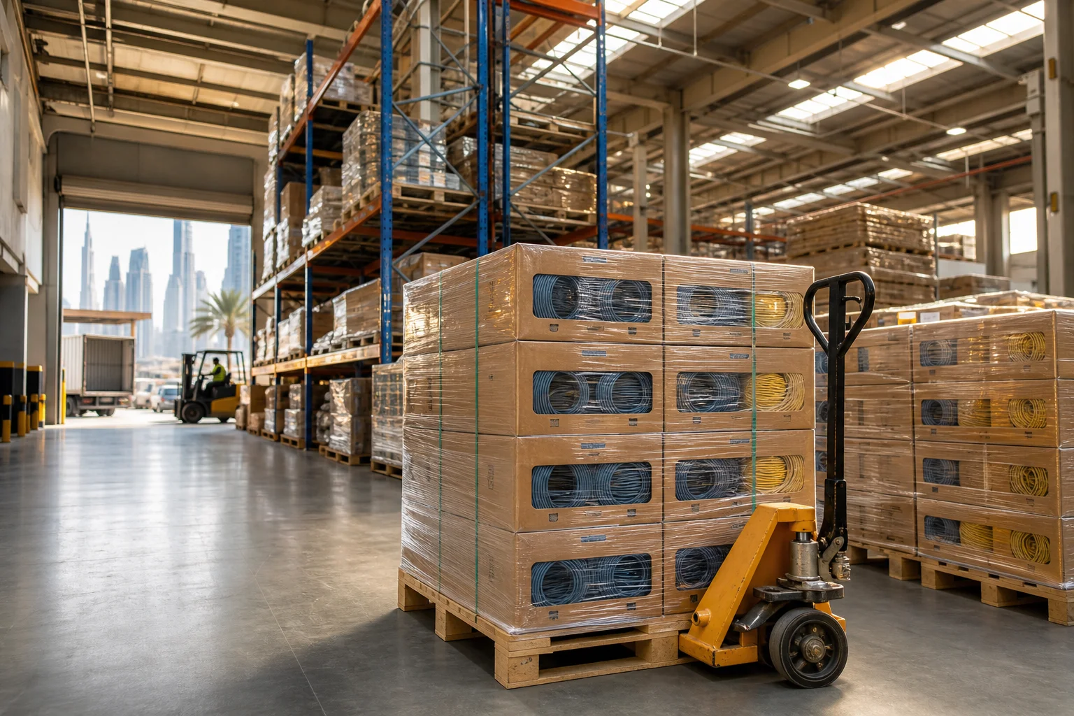 Logistics hub warehouse in the UAE with palletized network cable cartons