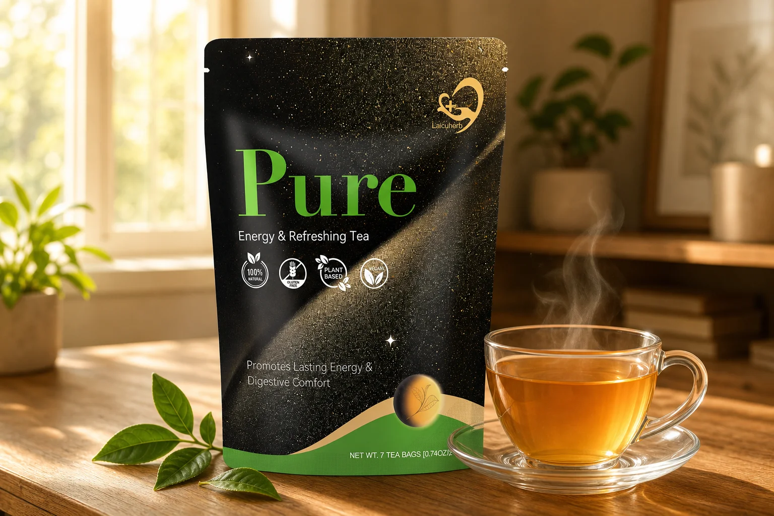 Laicuherb Pure Energy Refreshing Tea bag upright warm wooden morning desk teacup golden brewed tea green leaves AI generated scene