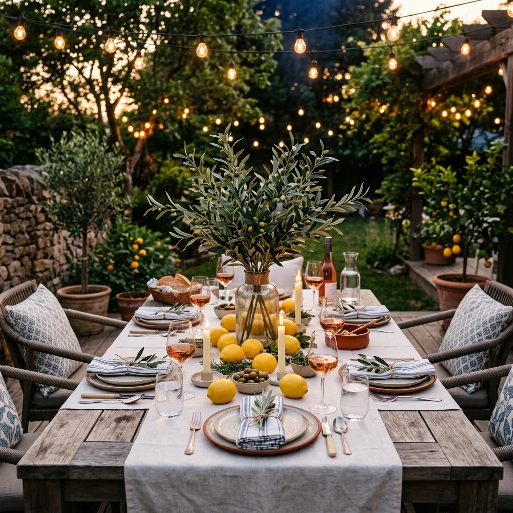 Summer backyard dinner party with faux olive branch centerpiece