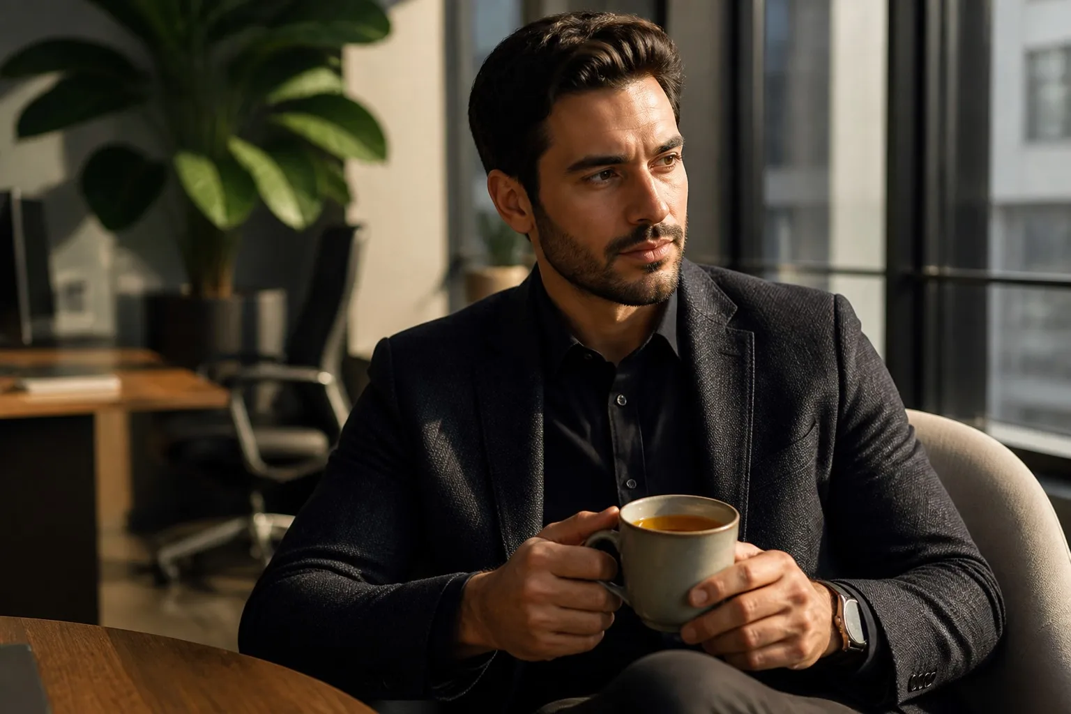 A professional man taking a focused afternoon break with caffeine-free herbal tea