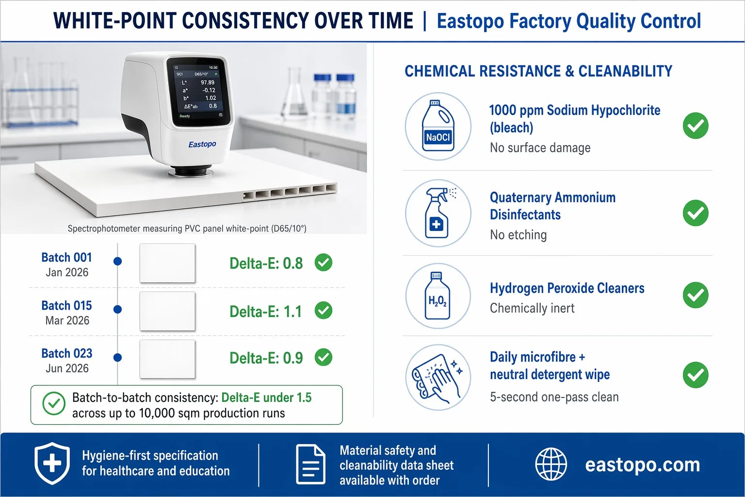 product-1-1 White-point colour consistency testing - Delta-E under 1.5 across batches plus chemical resistance to hospital-grade disinfectants and cleaning protocols