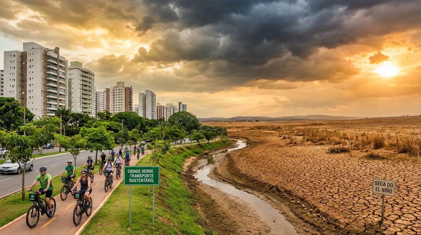 Contraste entre area verde sustentavel com ciclistas eletricos e area de seca no Brasil