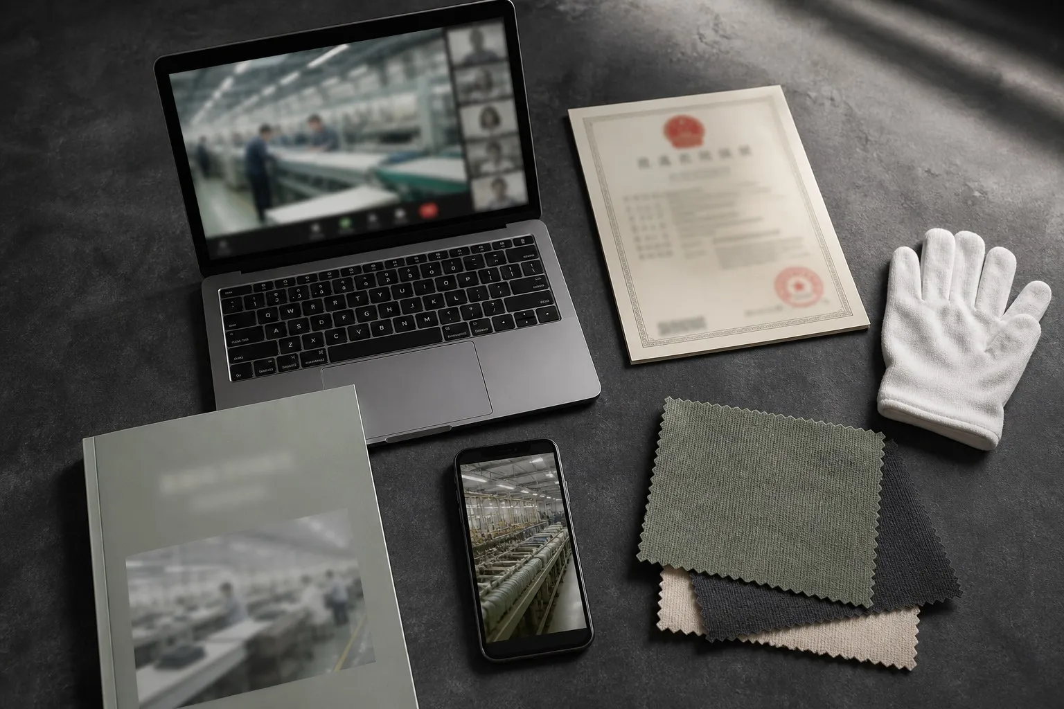 Factory verification workspace — video call, business license, BSCI report, fabric samples