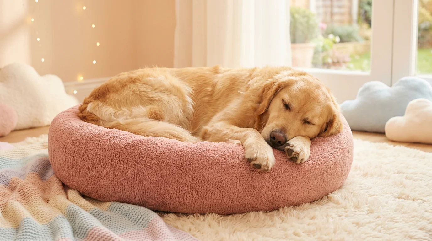 Golden retriever peacefully sleeping in a plush round calming donut bed