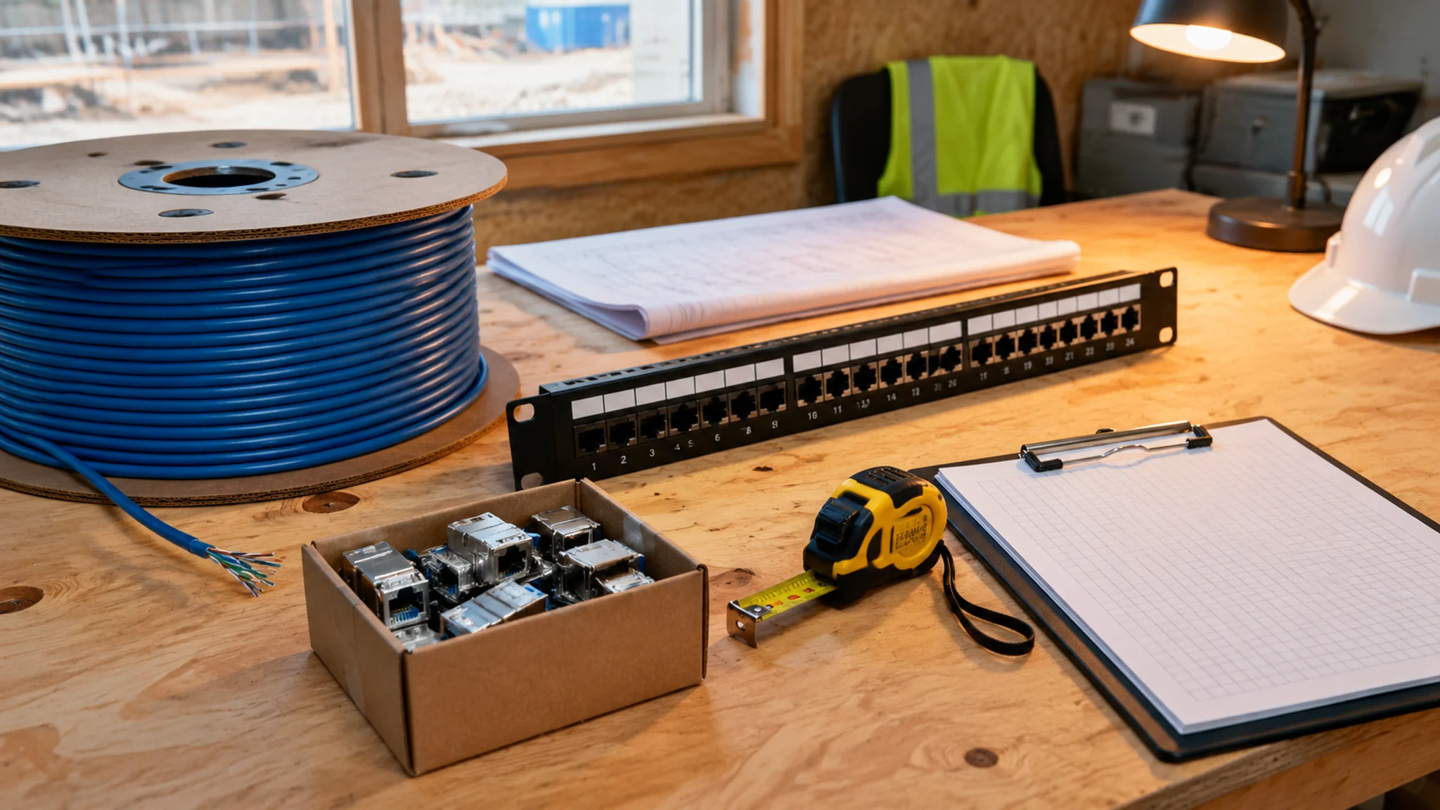 Cat6A reel, patch panel, shielded jacks and measuring tools arranged for project costing