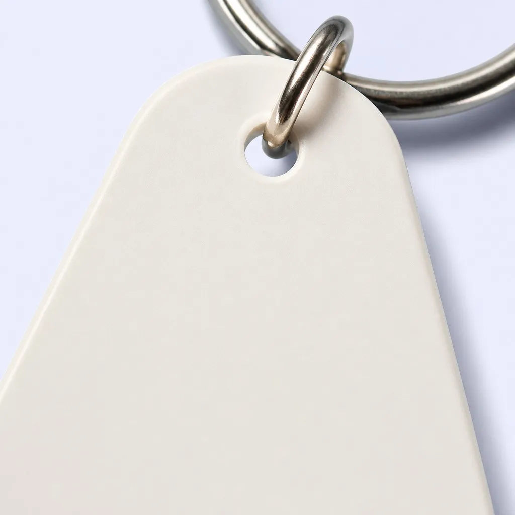 Macro close-up of blank key tag surface and keyring